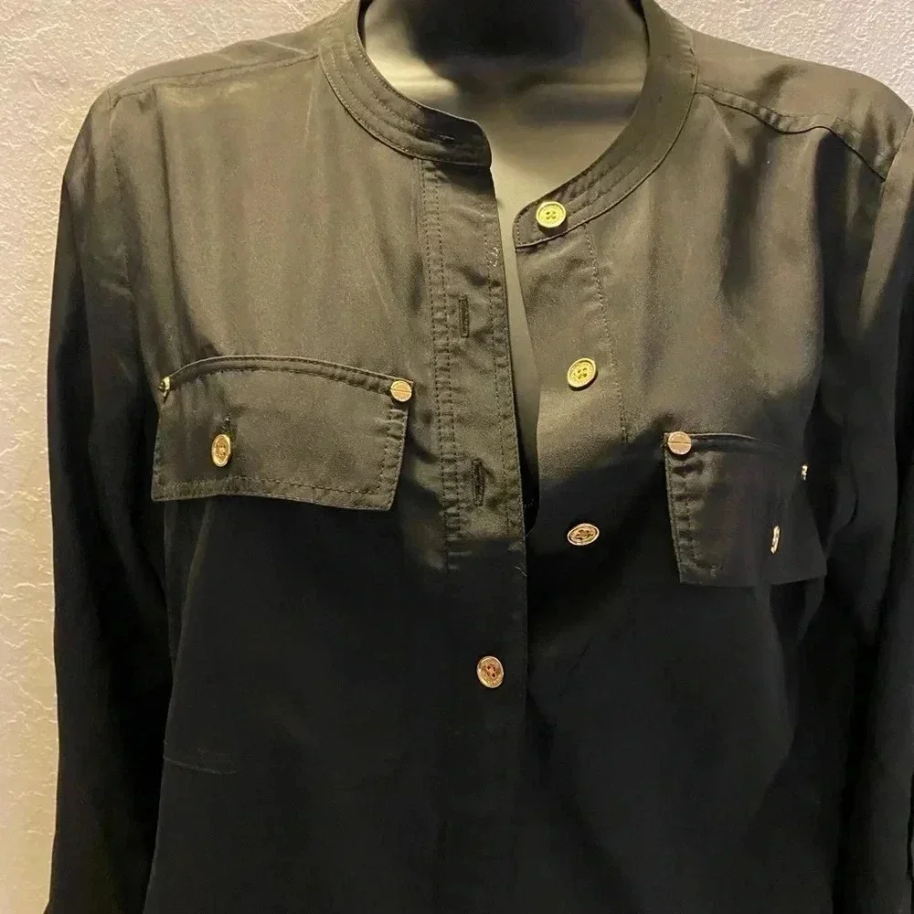 Michael Kors Women's Petite SM Black Utility Blouse Gold Button Long Sleeve Top